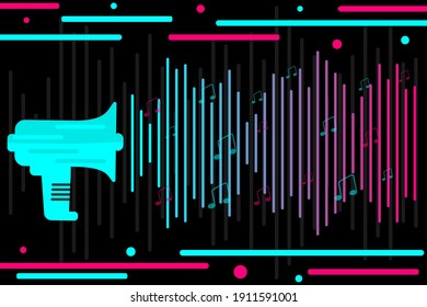 Abstract background. Vector illustration. Background in the style of  social media. Megaphone and music notes. Funny party design. Vector illustration. EPS10