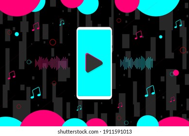 Abstract background. Vector illustration. Background in the style of  social media. Smartphone, sound bar and music notes. Funny party design. Vector illustration. EPS10