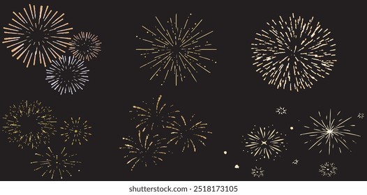 resumo. Linha de vetor com fogos de artifício coloridos explodindo no céu sobre um fundo preto.