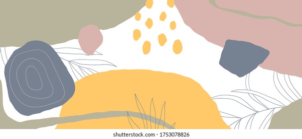 Abstracto vector de fondo con artes de línea natural y floral, estilo Memphis, forma orgánica. Patrón creativo con formas dibujadas a mano. Antecedentes de diseño para publicación en medios sociales, portada, papel impreso y papel tapiz