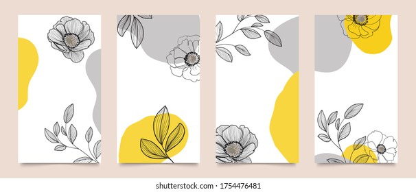 Abstract background vector with natural and floral line arts, Memphis style, Organic shape. Creative pattern with hand drawn shapes. Design background for social media post, cover, print and wallpaper