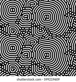 Abstract background of vector organic irregular circular lines or fingerprint pattern. Seamless black and white chaotic design