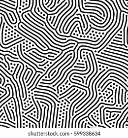 Abstract background of vector organic irregular lines maze pattern. Seamless black and white chaotic design
