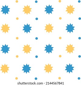 Abstract background vector with pattern of 10 pointed  or blue-yellow explosion sparks and cyan-yellow dots.