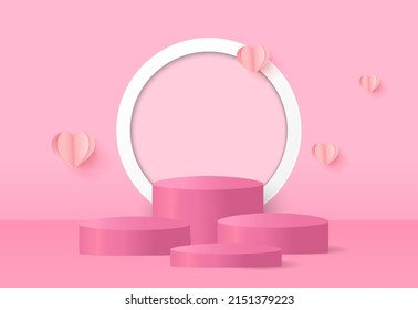 Resumen vectorial de fondo de fondo rosado podio del cilindro de verano y mínima escena del corazón.
