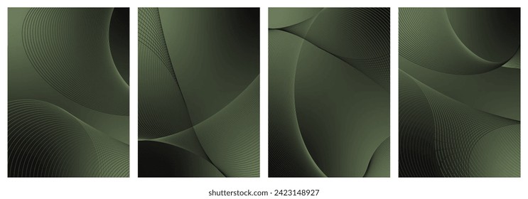 Abstract background vector set green, dark with dynamic waves for business. Futuristic technology backdrop with network wavy lines. Premium template with stripes and gradient mesh for banner, poster.