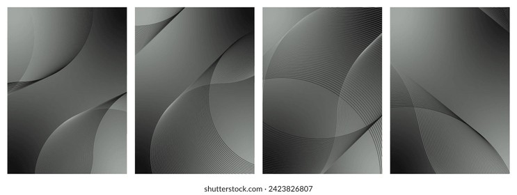 Abstract background vector set grey, dark with dynamic waves for business. Futuristic technology backdrop with network wavy lines. Premium template with stripes and gradient mesh for banner or poster.