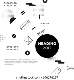 Abstract Background - vector template black and white memphis style background for presentation. Heading with date. Modern outlook with different shapes. Copy space for your information.