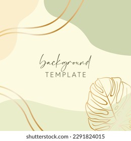 Abstract background vector template with geometric shapes and monstera leaf. Good for social media posts, mobile apps, banner designs, online promotions and adverts. Tropical vector background.
