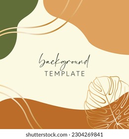 Abstract background vector template with geometric shapes and monstera leaf. Good for social media posts, mobile apps, banner designs, online promotions and adverts. Tropical vector background.