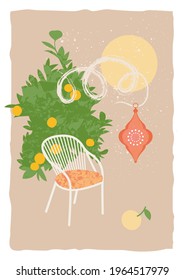 Abstract Background vector template in moroccan style. Spots, curves, lines. Contemporary modern poster with terrace for relaxing with orange tree arabic style. Home poster decor.