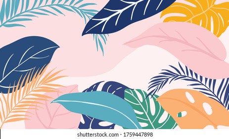 Abstract background vector with tropical leaves  and floral line arts. Creative pattern with hand drawn shapes. Design background for social media post, cover, print and wallpaper