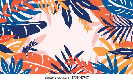 Abstracto vector de fondo con hojas tropicales y artes de línea floral. Patrón creativo con formas dibujadas a mano. Antecedentes de diseño para publicación en medios sociales, portada, papel impreso y papel tapiz