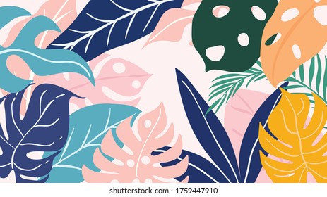Abstract background vector with tropical leaves  and floral line arts. Creative pattern with hand drawn shapes. Design background for social media post, cover, print and wallpaper