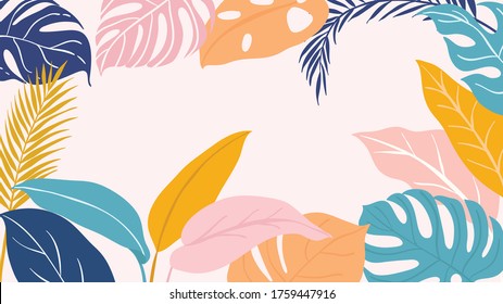 Abstract background vector with tropical leaves  and floral line arts. Creative pattern with hand drawn shapes. Design background for social media post, cover, print and wallpaper