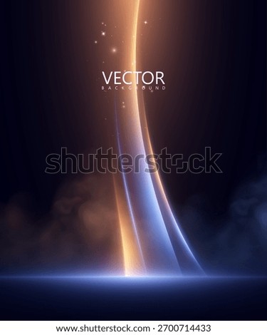 Abstract background. Vertical blue and amber arcs of light rise from a glowing base with a soft haze and sparkles.