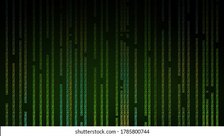 Abstract background. Vertical columns of green and multicolored symbols on a black and green background.