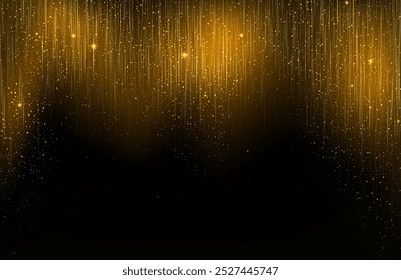 Abstract background with vertical falling golden and silver glowing lines with lights and confetti. Vector illustration.