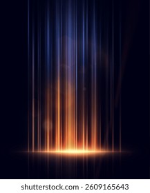 Abstract background with vertical glowing rays in orange and blue tones on a dark background. Ideal for fantasy portals, sci-fi scenes, stage lighting, magical energy effects, technical interfaces.	

