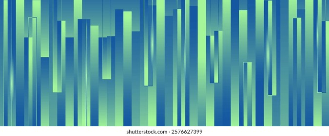 Abstract background with vertical green and blue stripes. The background features a gradient texture with green and blue hues. Surreal geometric bar pattern background. Green background vector.