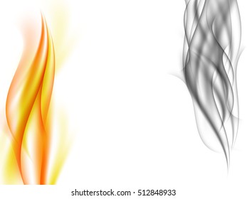 Abstract background with vertical grey smoke and orange flames in front of each other, fiery smoke, vector illustration