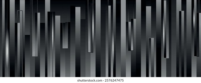 Abstract background with vertical metallic bars on a dark background. The metallic and dark colors create a sleek, modern texture. Surreal geometric bar pattern background. Black background vector.