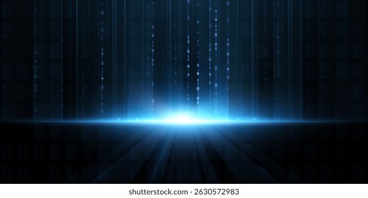 Abstract background with vertical streams of blue light and glowing particles on a dark scene. Futuristic perspective with shining platform and falling digital rays, Matrix style.