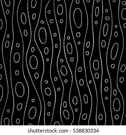 Abstract background with vertical wavy lines and circles on a black background. Algae and air bubbles under water. 