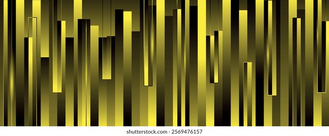 Abstract background with vertical yellow stripes. The background features a glossy, metallic texture with vibrant yellow color scheme. Surreal geometric bar pattern background. Gold background vector.