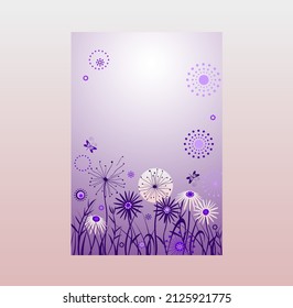 Abstract background in very peri color with dandelions and daisy. Vertical purple banner with place for text