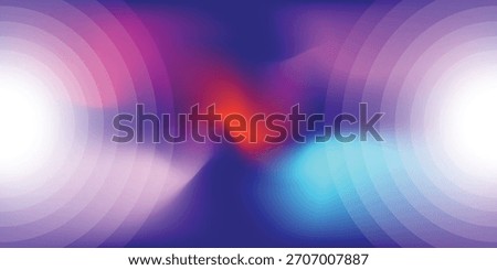 Abstract background with vibrant, blurred color gradients of pink, red, and cyan, framed by glowing white concentric circles on a dark purple base.