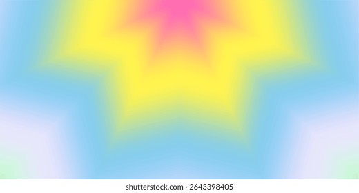 An abstract background with a vibrant, ethereal glow, featuring a soft, symmetrical gradient of pink, yellow, and blue, creating a dreamy and radiant aura.