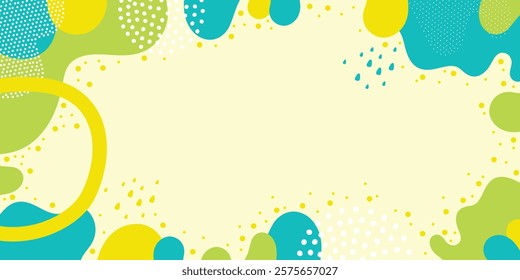 Abstract background with vibrant green, yellow and turquoise shapes complemented by dots, lines and textures on a light background.