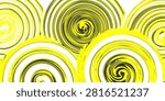 Abstract background with vibrant yellow and charcoal black concentric circle swirls on white. The central vortex is a hyper-detailed micro-mechanical filigree of intricate gold threads and gear cogs. 