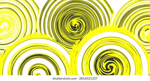 Abstract background with vibrant yellow and charcoal black concentric circle swirls on white. The central vortex is a hyper-detailed micro-mechanical filigree of intricate gold threads and gear cogs. 