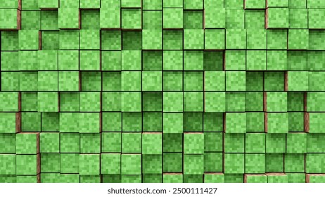 Abstract Background of Video Game Pixelized Grass Cubes. Perspective View From Above. Vector Illustration With 