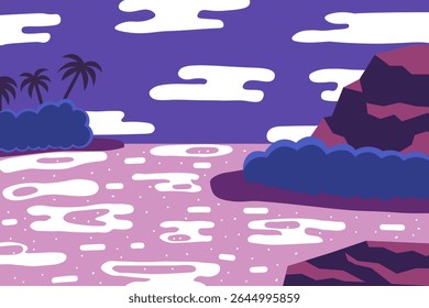 Abstrakter Hintergrund mit Blick auf tropische Nachtinseln. Vektorgrafik im flachen Stil