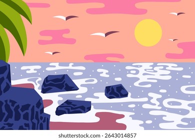 Fundo abstrato com vista para o mar, pedras e uma palmeira. Ilustração vetorial em estilo plano