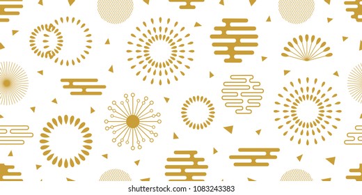 Abstract background with vintage oriental motifs. Seamless white and golden pattern with ornate circles, fans and other geometric elements.