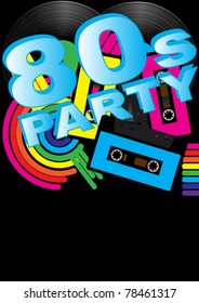 Abstract Background - Vintage Vinyl Records, Audio Tapes and 80s Party Sign