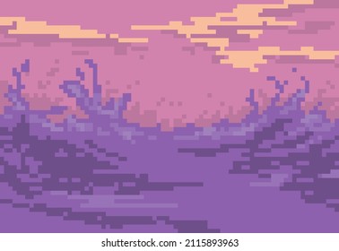 Abstract background with violet colored landscape in pixel art style