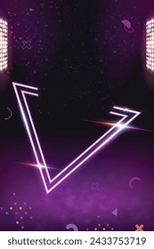 Abstract Background With Violet Neon Light Triangular Frame, Spotlight, Flares, Smoke and Particles. Party Background Concept.