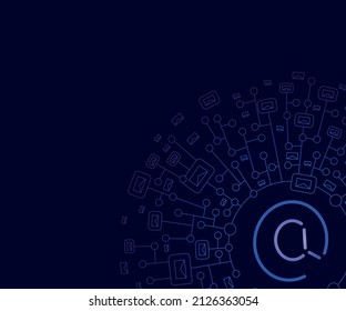 Abstract background of virtual communication by e-mail. Outline image of email sign, letters and motherboard diagrams. There is free space for text. Vector illustration.