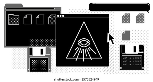 Abstract background with virtual screens, pyramid and shining all seeing eye of Divine providence symbol. Vaporwave surrealistic style illustration.