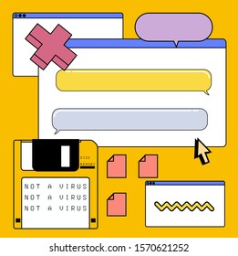 Abstract background with virtual screens, speech bubbles and icons of files. Concept of landing page, UI and UX design.