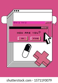 Abstract background with virtual screens, speech bubbles and UI elements. Concept of web development in vaporwave retrofuturistic style.