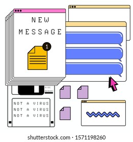 Abstract background with virtual screens, speech bubbles and icons of files. Concept of landing page, UI and UX design in vaporwave retrofuturistic style.