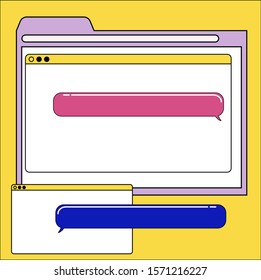 Abstract background with virtual screens, speech bubbles and icons. Concept of landing page and web design, programming and coding.