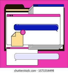 Abstract background with virtual screens, speech bubbles and icons of files. Concept of landing page, UI and UX design.