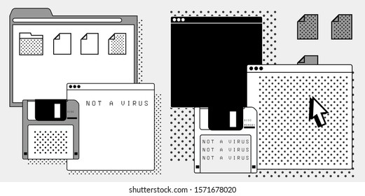 Abstract background with virtual screens, speech bubbles and icons of files. Concept of landing page and web design, programming and coding. Vaporwave retrofuturistic style illustration.